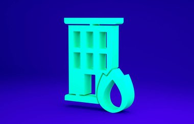 Yanan ev simgesinde yeşil ateş mavi arkaplanda izole edildi. Sigorta konsepti. Güvenlik, güvenlik, koruma, konsept koruma. Minimalizm kavramı. 3d illüstrasyon 3B canlandırma