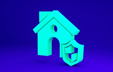 Mavi arka planda kalkan simgesi olan yeşil ev. Sigorta konsepti. Güvenlik, güvenlik, koruma, konsept koruma. Minimalizm kavramı. 3d illüstrasyon 3B canlandırma