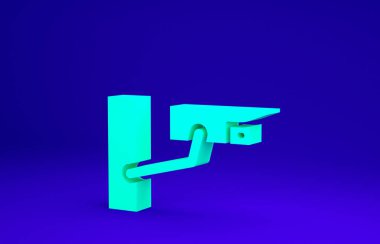 Mavi arkaplanda yeşil güvenlik kamerası simgesi izole edildi. Minimalizm kavramı. 3d illüstrasyon 3B canlandırma