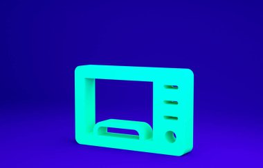 Mavi arkaplanda yeşil mikrodalga fırın ikonu var. Ev aletleri simgesi. Minimalizm kavramı. 3d illüstrasyon 3B canlandırma