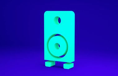 Mavi arkaplanda yeşil Stereo hoparlör simgesi izole edildi. Ses sistemi hoparlörleri. Müzik ikonu. Müzikal sütun hoparlörü. Minimalizm kavramı. 3d illüstrasyon 3B canlandırma