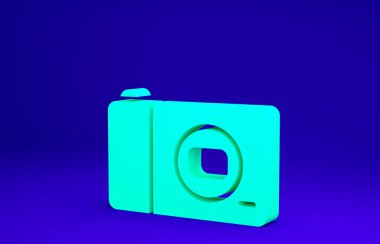 Mavi arkaplanda yeşil fotoğraf makinesi simgesi izole edildi. Fotoğraf makinesi simgesi. Minimalizm kavramı. 3d illüstrasyon 3B canlandırma