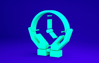 Mavi arkaplanda yeşil saat simgesi izole edildi. Zaman sembolü. Minimalizm kavramı. 3d illüstrasyon 3B canlandırma
