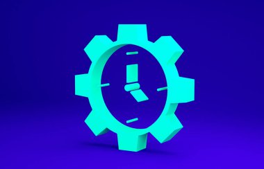 Yeşil Zaman Yönetimi simgesi mavi arkaplanda izole edildi. Saat ve vites tabelası. Üretkenlik sembolü. Minimalizm kavramı. 3d illüstrasyon 3B canlandırma