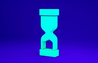 Mavi arka planda yeşil kum ikonu olan eski kum saati. Kum saati işareti. İş ve zaman yönetimi kavramı. Minimalizm kavramı. 3d illüstrasyon 3B canlandırma