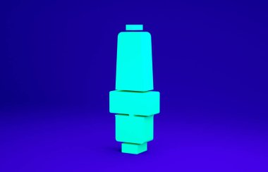 Mavi arka planda yeşil araba buji ikonu izole edildi. Araba elektrikli mumu. Minimalizm kavramı. 3d illüstrasyon 3B canlandırma