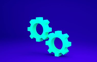 Mavi arkaplanda Green Gear simgesi izole edildi. Çarklı teçhizat ayarları. İşçi sembolü. Minimalizm kavramı. 3d illüstrasyon 3B canlandırma