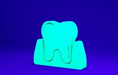 Mavi arkaplanda yeşil diş simgesi izole edildi. Diş hekimliği kliniği veya diş hekimliği merkezi ve diş macunu paketi için diş sembolü. Minimalizm kavramı. 3d illüstrasyon 3B canlandırma