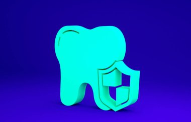 Mavi arkaplanda yeşil diş koruma simgesi izole edildi. Kalkan logosunda diş. Minimalizm kavramı. 3d illüstrasyon 3B canlandırma