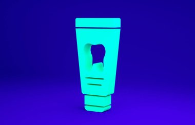 Mavi arkaplanda yeşil tüp diş macunu simgesi izole edildi. Minimalizm kavramı. 3d illüstrasyon 3B canlandırma