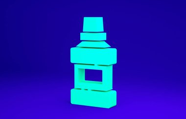 Yeşil ağız gargarası plastik şişe ve mavi arka planda izole edilmiş cam ikon. Ağzını çalkalamak için sıvı. Ağız bakım ekipmanları. Minimalizm kavramı. 3d illüstrasyon 3B canlandırma