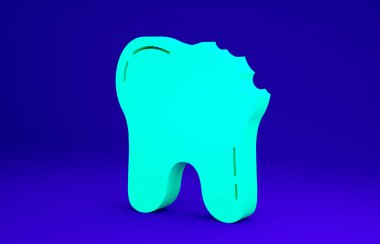Mavi arka planda yeşil kırık diş simgesi izole edildi. Diş problemi ikonu. Diş sağlığı sembolü. Minimalizm kavramı. 3d illüstrasyon 3B canlandırma