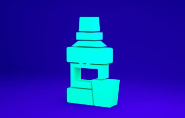 Yeşil ağız gargarası plastik şişe ve mavi arka planda izole edilmiş cam ikon. Ağzını çalkalamak için sıvı. Ağız bakım ekipmanları. Minimalizm kavramı. 3d illüstrasyon 3B canlandırma