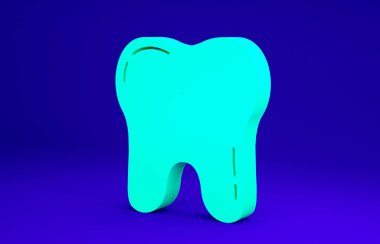 Mavi arkaplanda yeşil diş simgesi izole edildi. Diş hekimliği kliniği veya diş hekimliği merkezi ve diş macunu paketi için diş sembolü. Minimalizm kavramı. 3d illüstrasyon 3B canlandırma