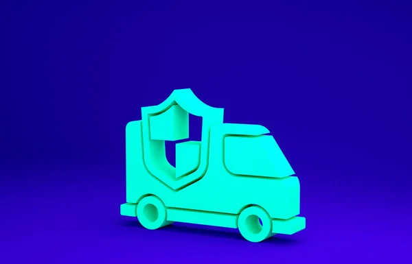 Auto verde con icona scudo isolato su sfondo blu. Concetto assicurativo. Sicurezza, sicurezza, protezione, proteggere il concetto. Concetto minimalista. Illustrazione 3d rendering 3D — Foto Stock