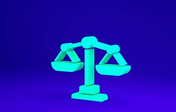 Zielone łuski ikony sprawiedliwości odizolowane na niebieskim tle. Symbol sądu. Znak wagi. Koncepcja minimalizmu. Ilustracja 3D 3D renderowania — Zdjęcie stockowe