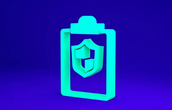 Zielony dokument z ikoną tarczy na niebieskim tle. Koncepcja ubezpieczenia. Ochrona, bezpieczeństwo, ochrona, ochrona koncepcji. Koncepcja minimalizmu. Ilustracja 3D 3D renderowania — Zdjęcie stockowe