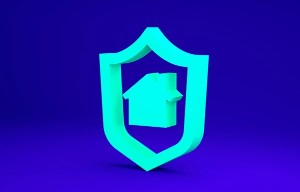 Green House with shield icon isolated on blue background. Insurance concept. Security, safety, protection, protect concept. Minimalism concept. 3d illustration 3D render — Stock Photo, Image