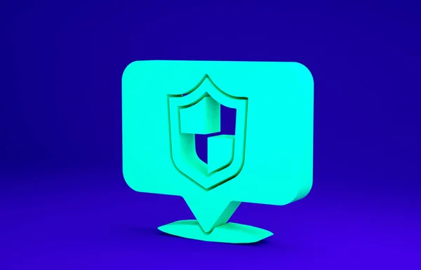 Zielona ikona tarczy lokalizacyjnej na niebieskim tle. Koncepcja ubezpieczenia. Podpis strażnika. Bezpieczeństwo, ochrona, koncepcja prywatności. Koncepcja minimalizmu. Ilustracja 3D 3D renderowania — Zdjęcie stockowe