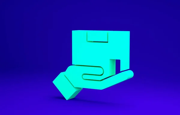 Icône d'assurance Livraison verte isolée sur fond bleu. Boîtes en carton assurées au-delà du bouclier. Concept de minimalisme. Illustration 3D rendu 3D — Photo