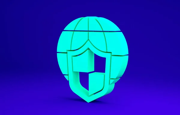 Zelený štít se světovou ikonou izolované na modrém pozadí. Pojištění. Zabezpečení, bezpečnost, ochrana, ochrana soukromí. Minimalismus. 3D ilustrace 3D vykreslení — Stock fotografie