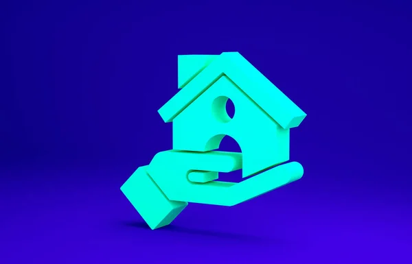 Ikon asuransi Green House terisolasi dengan latar belakang biru. Keamanan, keamanan, perlindungan, melindungi konsep. Konsep minimalisme. Tampilan 3D ilustrasi 3d — Stok Foto