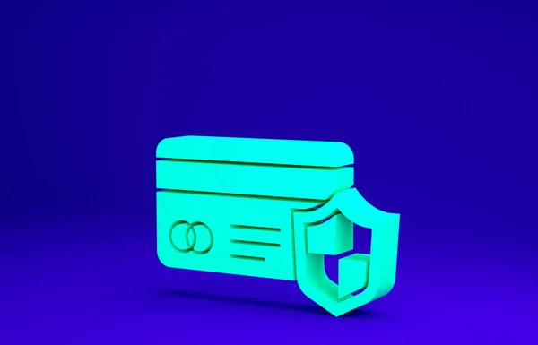 Tarjeta de crédito verde con icono de escudo aislado sobre fondo azul. Pago en línea. Retiro de efectivo. Operaciones financieras. Señal de compra. Concepto minimalista. 3D ilustración 3D render —  Fotos de Stock