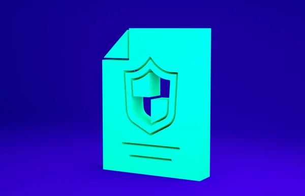 Grüner Kontrakt mit Schildsymbol auf blauem Hintergrund. Versicherungskonzept. Sicherheit, Sicherheit, Schutz, Schutzkonzept. Minimalismus-Konzept. 3D Illustration 3D Renderer — Stockfoto