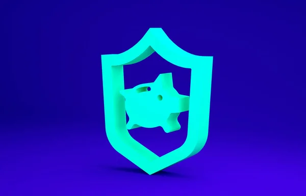 Hucha verde con icono de escudo aislado sobre fondo azul. Ahorro o acumulación de dinero, inversión. Concepto de seguro. Concepto minimalista. 3D ilustración 3D render — Foto de Stock