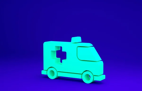 Зеленый Ambulance и значок аварийного автомобиля выделены на синем фоне. Медицинская эвакуация машины скорой помощи. Концепция минимализма. 3D-рендеринг — стоковое фото