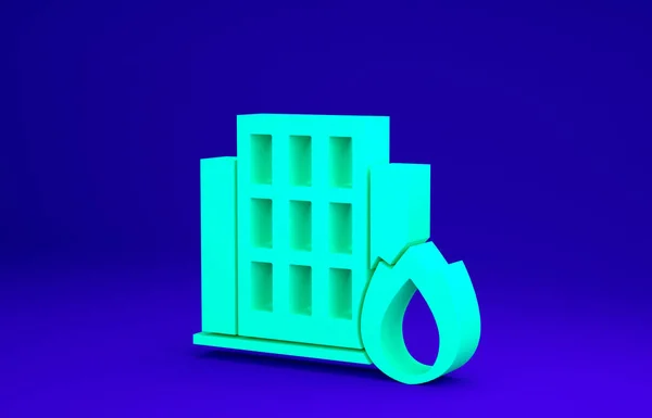 Groene Vuur in brandend huis pictogram geïsoleerd op blauwe achtergrond. Verzekeringsconcept. Beveiliging, veiligheid, bescherming, bescherming concept. Minimalisme concept. 3d illustratie 3D renderen — Stockfoto