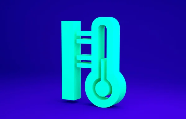 Termómetro de meteorología verde que mide el icono aislado sobre fondo azul. Equipo de termómetro que muestra clima caliente o frío. Concepto minimalista. 3D ilustración 3D render — Foto de Stock