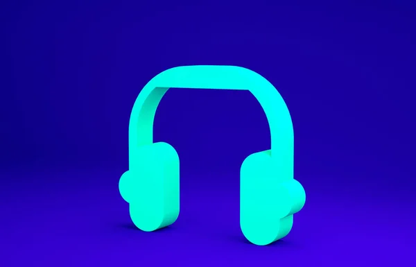 녹색 헤드폰 아이콘은 파란색 배경에서 분리되었습니다. 이어폰. 음악, 서비스, 통신, 교환원을 듣는 것에 대한 개념. 미니멀리즘의 개념입니다. 3d 삽화 3D 렌더링 — 스톡 사진