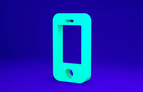 緑のスマートフォン、青の背景に隔離された携帯電話のアイコン。最小限の概念。3Dイラスト3Dレンダリング — ストック写真