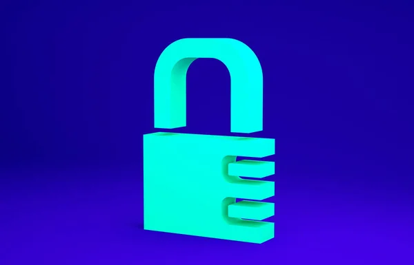 녹색 안전망의 자물쇠 아이콘이 파란색 배경에 분리되어 있습니다. 연합 자물쇠. 보안, 안전, 보호, 비밀 번호 사생활. 미니멀리즘의 개념입니다. 3d 삽화 3D 렌더링 — 스톡 사진