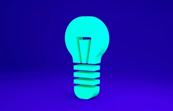 Lâmpada de luz verde com conceito de ícone de ideia isolado no fundo azul. Símbolo de energia e ideia. Conceito de inspiração. Conceito de minimalismo. 3D ilustração 3D render — Fotografia de Stock