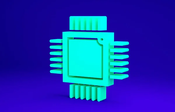 Processador de computador verde com microcircuitos ícone CPU isolado em fundo azul. Chip ou cpu com placa de circuito. Micro processador. Conceito de minimalismo. 3D ilustração 3D render — Fotografia de Stock