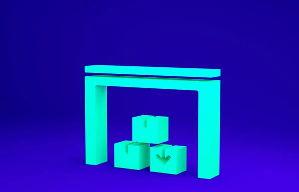 Πράσινη εικόνα αποθήκης απομονωμένη σε μπλε φόντο. Μινιμαλιστική έννοια. 3d απεικόνιση 3D καθιστούν — Φωτογραφία Αρχείου