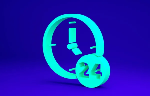 Green Clock 24 uur pictogram geïsoleerd op blauwe achtergrond. De hele dag cyclisch icoon. 24 uur service symbool. Minimalisme concept. 3d illustratie 3D renderen — Stockfoto