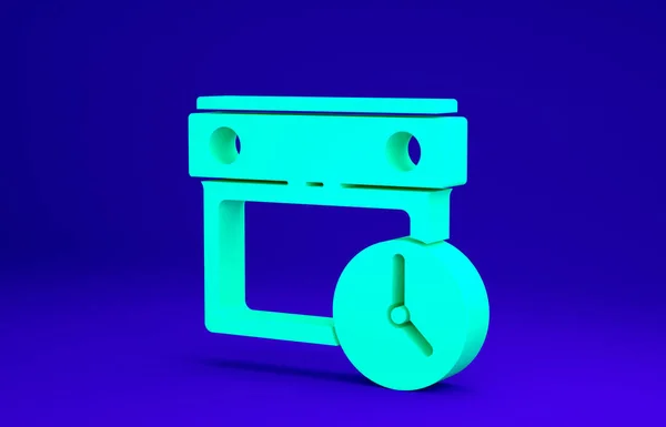 Calendário verde e ícone do relógio isolado no fundo azul. Horário, nomeação, organizador, timesheet, gerenciamento de tempo. Conceito de minimalismo. 3D ilustração 3D render — Fotografia de Stock