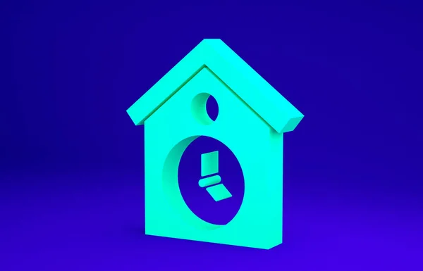 Zöld Retro falióra ikon elszigetelt kék háttérrel. Kakukkos óra jel. Antik ingaóra. Minimalizmus koncepció. 3d illusztráció 3D render — Stock Fotó