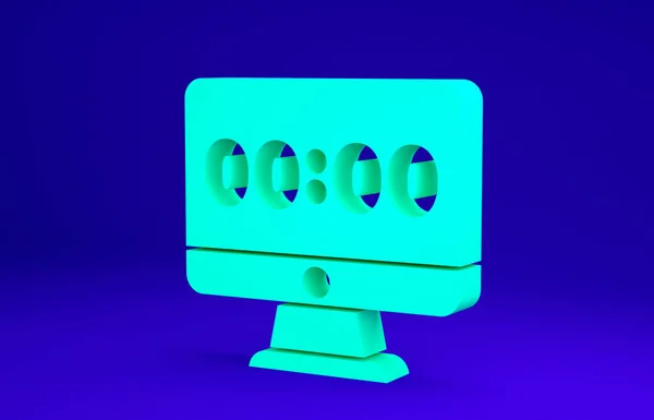 Grön klocka på datorn skärm ikon isolerad på blå bakgrund. Schemalägg. Minimalistiskt koncept. 3D-återgivning för 3D — Stockfoto