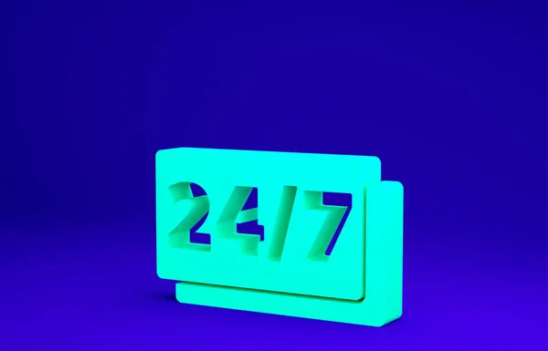 Green Clock 24 hours icon isolated on blue background. All day cyclic icon. 24 hours service symbol. Minimalism concept. 3d illustration 3D render — Stock Photo, Image