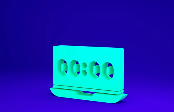 Zielony Zegar na ekranie laptopa ikona izolowane na niebieskim tle. Koncepcje harmonogramu. Koncepcja minimalizmu. Ilustracja 3D 3D renderowania — Zdjęcie stockowe