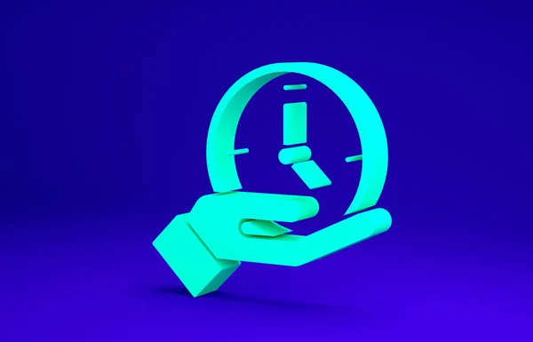 Icono del reloj verde aislado sobre fondo azul. Símbolo de tiempo. Concepto minimalista. 3D ilustración 3D render — Foto de Stock