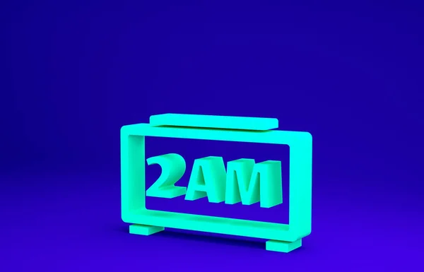 Green Digital alarm clock icon isolated on blue background. Electronic watch alarm clock. Time icon. Minimalism concept. 3d illustration 3D render