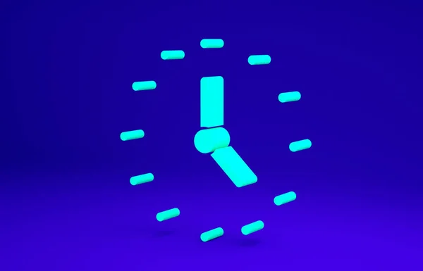 Green Clock icoon geïsoleerd op blauwe achtergrond. Tijdsymbool. Minimalisme concept. 3d illustratie 3D renderen — Stockfoto