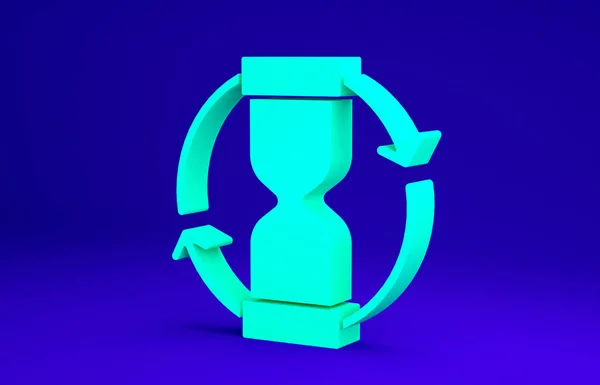 Reloj de arena verde viejo con el icono de arena que fluye aislado sobre fondo azul. Señal de reloj de arena. Concepto de negocio y gestión del tiempo. Concepto minimalista. 3D ilustración 3D render —  Fotos de Stock