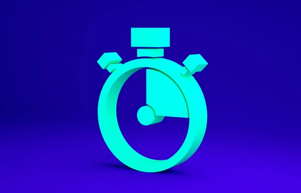 Green Stopwatch icon isolated on blue background. Time timer sign. Chronometer sign. Minimalism concept. 3d illustration 3D render — Stock Photo, Image