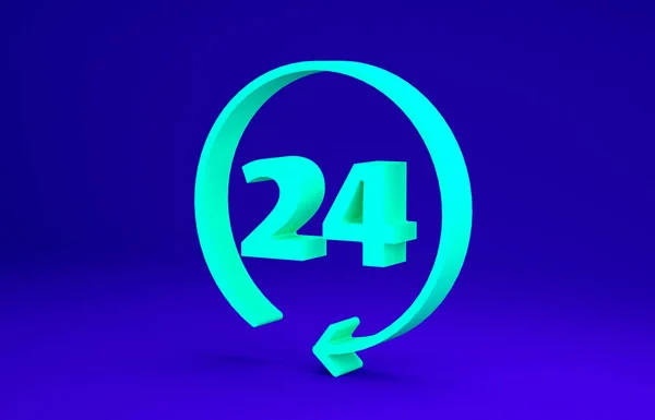 Zielony Zegar 24 godziny ikona izolowane na niebieskim tle. Cały dzień cykliczna ikona. 24-godzinny symbol obsługi. Koncepcja minimalizmu. Ilustracja 3D 3D renderowania — Zdjęcie stockowe